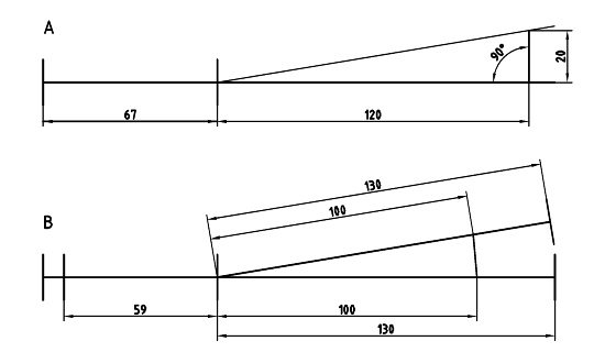 Figur 2. Afsætning af et sporskifte med hældningsforhold 1:6, skala H0, A) afmærk midtliniernes skæringspunkt og afsæt vinklen 20 mm/120 mm = 1:6, B) afsæt sporskiftets mål fra midtliniernes skæringspunkt, afmærk stødenes og hjertespidsens placering og træk op.